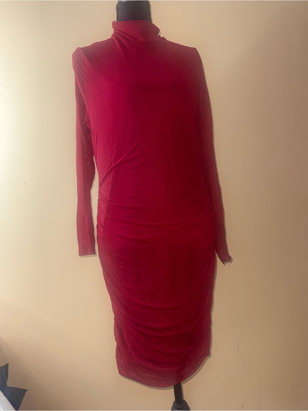 SHEIN Red Long-Sleeve Turtleneck Ruched Midi Dress